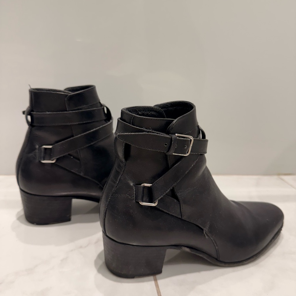 Saint Laurent Black Leather Ankle Booties with Buckle Straps - Picture 3 of 12